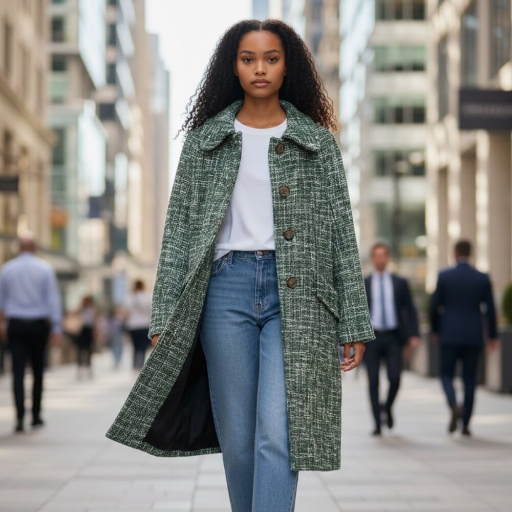 Zara Women Tweed Wool Blend Knee Length Coat Green, Cream and Black size L